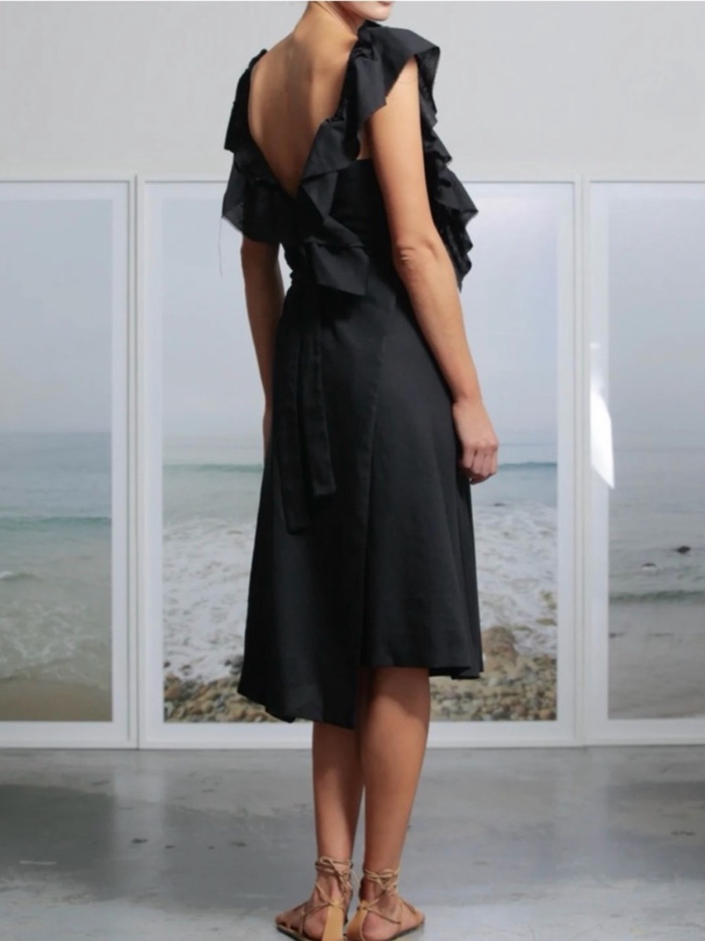 Heidi Merrick Farfalla Dress XS Black Linen Midi Wrap Open Back USA Boho Summer